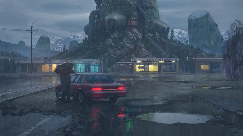 artwork, cyberpunk, 1080P, futuristic, apocalyptic, rain, car, umbrella, vehicle, science fiction, Simon Stålenhag