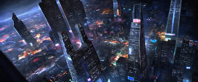 artwork, futuristic city, building, building exterior, landscape, built structure, office, skyscraper, birds eye view, aerial view, 4K, nightlife, night