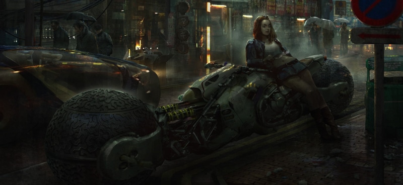 street, futuristic, science fiction, city, Eddie Mendoza, 720P, cyberpunk, artwork, digital art, motorcycle, women