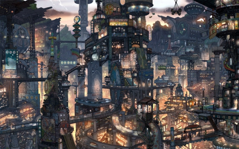 Imperial Boy, anime, futuristic city, nature, skylines, dusk, futuristic, urban Skyline, europe, Japan, night, outdoors, Suicide Sheep, fantasy art, science fiction