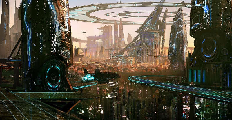 city, 2K, building, cityscape, skyscraper, outdoors, architecture, reflection, futuristic city, building exterior, artwork, built structure