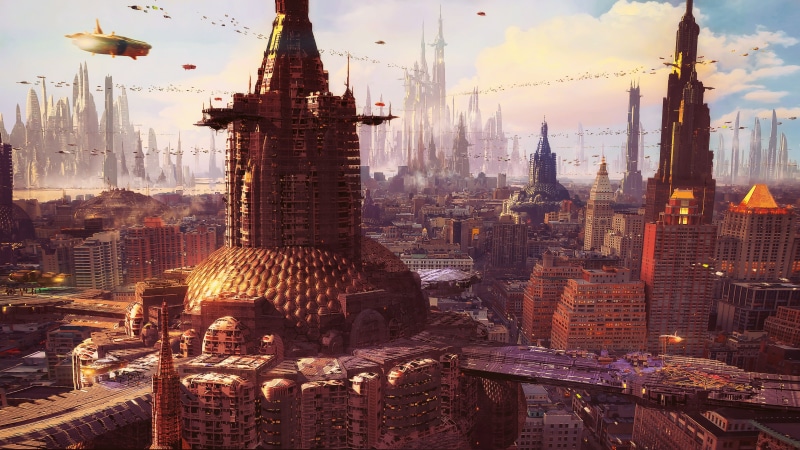 concept art, tall - high, building, science fiction, tourism, spire, built structure, sky, futuristic, nature, building exterior, modern, architecture