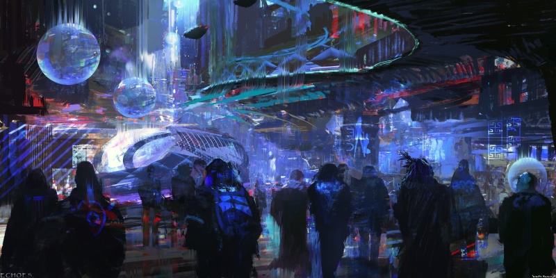 science fiction, adult, nightlife, fantasy art, large group of people, 1080P, blurred motion, cyberpunk, architecture, crowd, leisure activity, walking