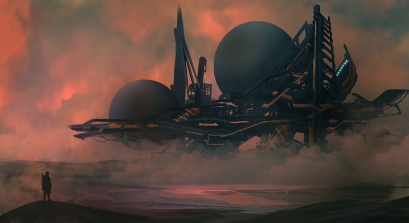 futuristic, communication, silhouette, black, sky, building exterior, smoke - physical structure, technology, satellite dish, blue, water, industry, fantasy art