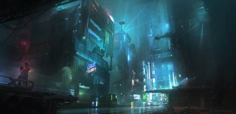 incidental people, sign, nightlife, science fiction, city life, architecture, mode of transportation, road, cyberpunk, digital art, street, light - natural phenomenon