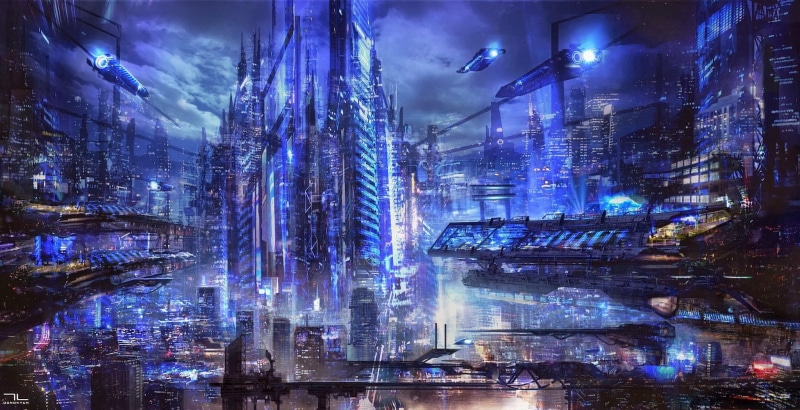 illuminated, residential district, office building exterior, futuristic city, nightlife, outdoors, city life, digital art, financial district, skyscraper