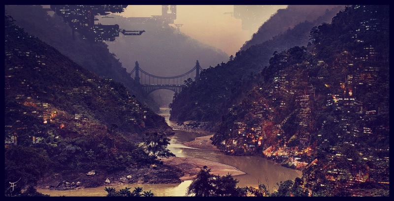 architecture, village, transportation, artwork, bridge - man made structure, no people, tree, 4K, city, bridge, concept art, futuristic city, transfer print