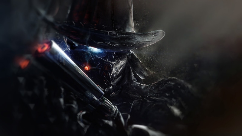 science fiction, hat, futuristic, pistol, artwork, digital, atmosphere, fantasy art, lights, digital art, cyborg, futuristic armor, environment, robot