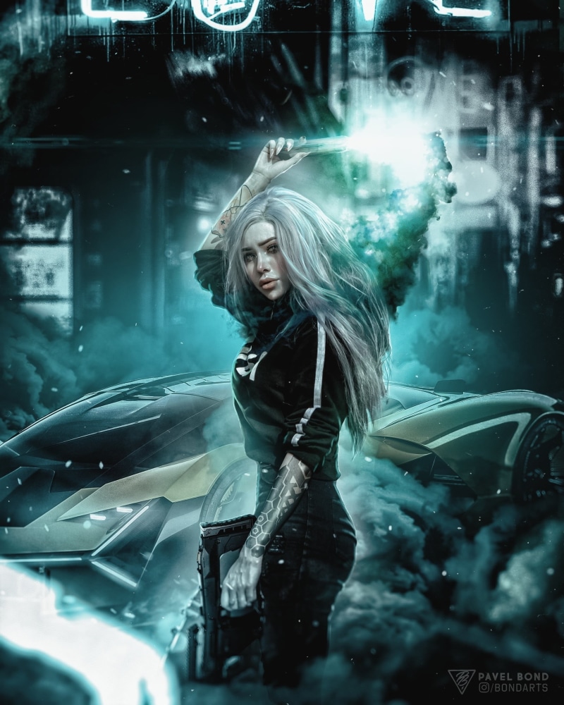 science fiction, flares, concept art, cyberpunk, inked girls, Photoshop, portrait display, women with cars, photo manipulation, car, Cyberpunk 2077, vertical
