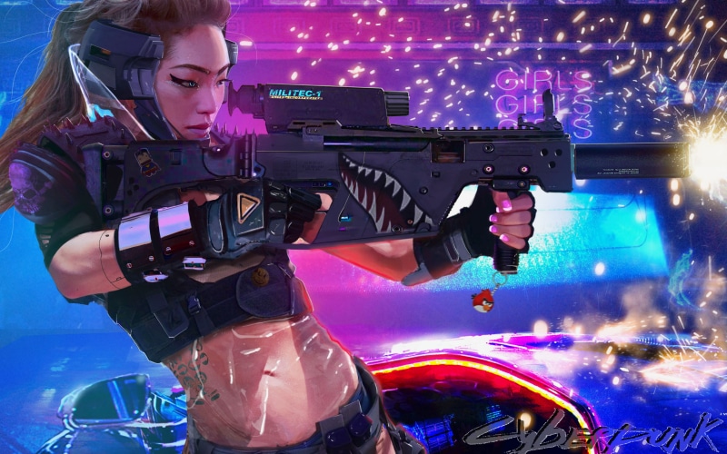 crop top, cyberpunk, science fiction, futuristic, 4K, belly, women, artwork, digital art, Asian, Cyberpunk 2077, weapon, shooting