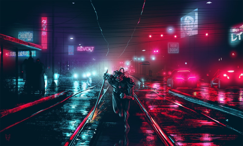 railroad Track, train, adult, station, Dark Cyberpunk, ninja, street, real people, men, illuminated, light - Natural Phenomenon, dark, lifestyles, city