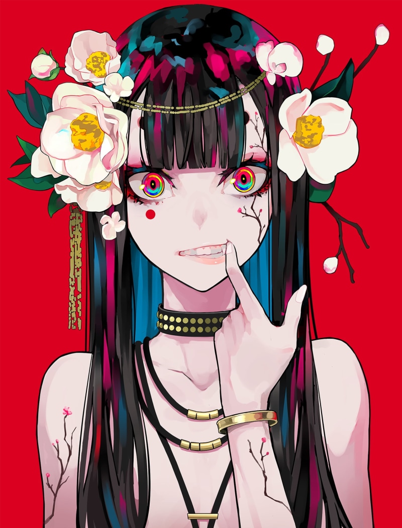 bracelets, original characters, looking at viewer, 2D, 1080P, artwork, necklace, colorful, red background, flowers, anime, long hair, flower in hair, painting