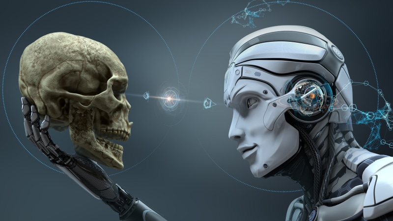 visual effects, 4K, technology, skull, artwork, robot, skeleton, digital art, fictional character, illustration, bone, human, head