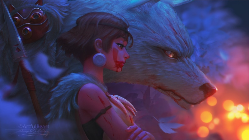 Studio Ghibli, leaves, arms crossed, curious, 1080P, Princess Mononoke, women, 2D, painting, forest, illustration, blood, mask, fan art, anime, profile