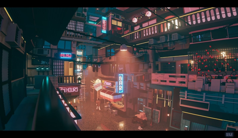 voxels, neon lights, city lights, pixel art, 1080P, Sergey Munin, digital art
