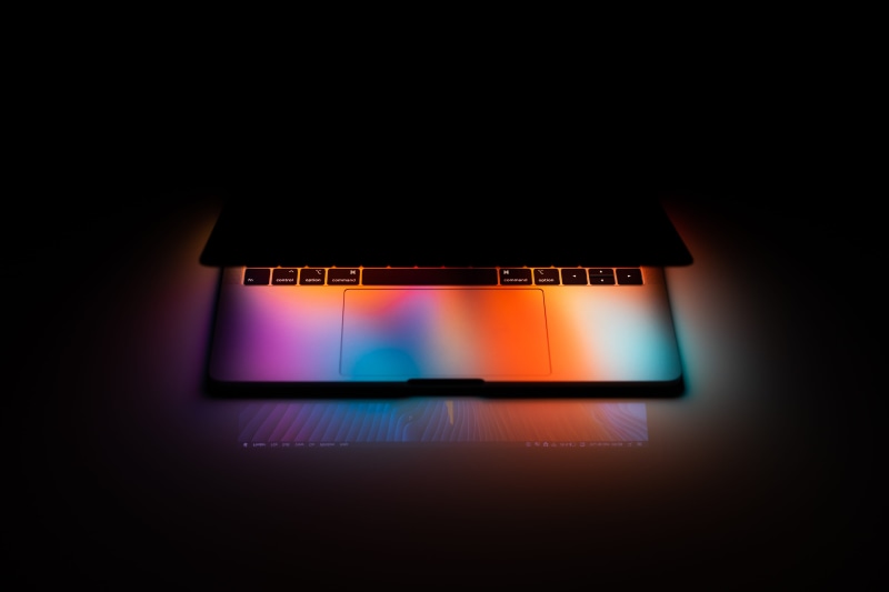 dark, laptop, indoors, light, desk, lighting equipment, tech, colors, sleek, arts culture and entertainment, late night, spotlight, 4K, top, modern, neon