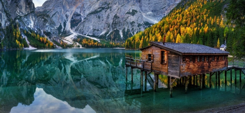 reflection, non-urban scene, Alps, idyllic, beauty in nature, landscape, turquoise, 720P, lake, waterfront, day, mountains, chapel, tranquil scene, fall