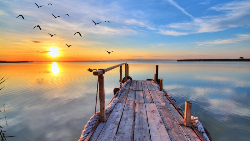 sunrise, cloud, pier, 4K, calm, reflection, sky, horizon, birds, water, lake, morning, seashore, dawn, shore, dock, summer