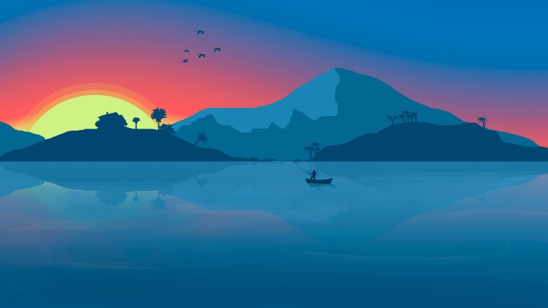 water, reflection, birds, sunrise, boat, calm, 8K, fishing, minimalist, minimal art, nature, morning, dawn, sea, landscape, sky