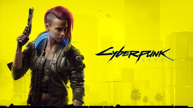 shaved head, V, neon glow, Cyberpunk 2077, yellow background, yellow, gun, redhead, cyberpunk, 1080P, jacket, weapon