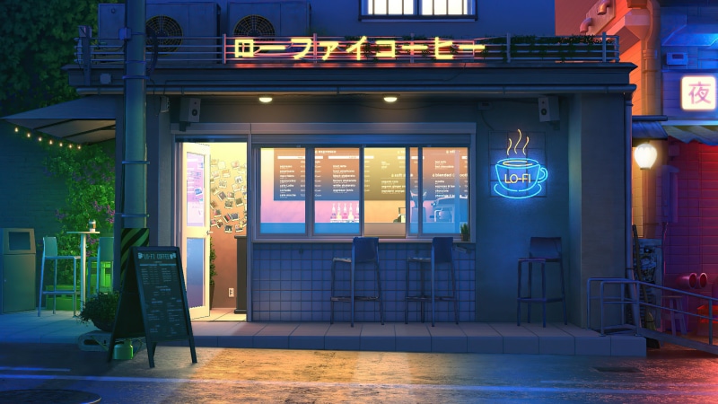 coffee house, neon, LoFi, shop, neon glow, 4K