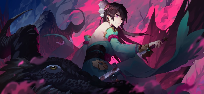 digital art, women, sword, anime girls, Thankstar404, artwork, anime, bokeh, 2D, fantasy girl, purple eyes, illustration, 4K, original characters, dark hair