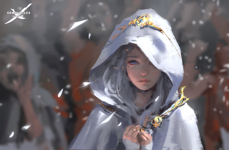 robe, looking at camera, artwork, men, headwear, looking at viewer, celebration, pointed ears, outdoors, white hair, hoods, digital art, illustration, elven