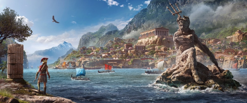 Assassins Creed, solid, sky, scenics - nature, sea, travel, day, Video Game Art, architecture, mountain, water, Greece, mythology, rock, ultra-wide, land