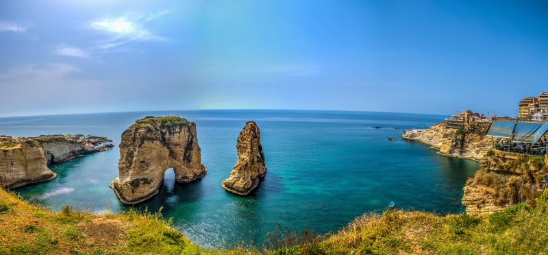 coast, clouds, blue  sky, brown, beside, pigeons, coastline, rocky, nikon, Lebanon, blue, HDR, cliff, mountain, 8K, Panoramic, landscape, Raouche, panorama