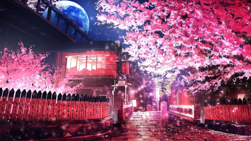 leafed, freshness, no people, building exterior, fragility, growth, tree, anime, beauty in nature, springtime, sakura (tree), flowering plant, cherry blossom