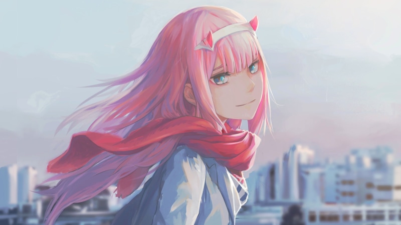 anime girls, Zero Two (Darling in the FranXX), hair, headshot, adult, one person, portrait, city, fashion, beautiful woman, long hair, young women, hairstyle