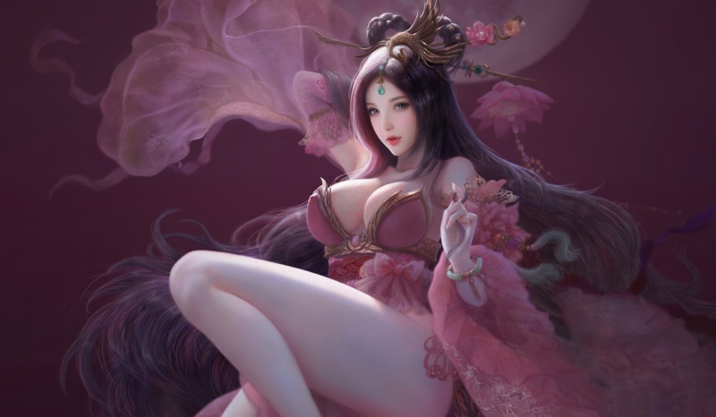 the game, Pink Diao Chan, fashion, adult, 1080P, fantasy, women, art, pink color, one person, nature, illustration Game, indoors, studio shot, hair, dress