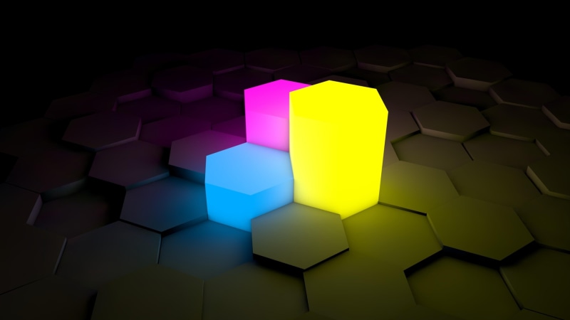 yellow, 4K, blue, shining, abstract, focus, neon, dark, 3d, shadow, hexagon, blocks, pink