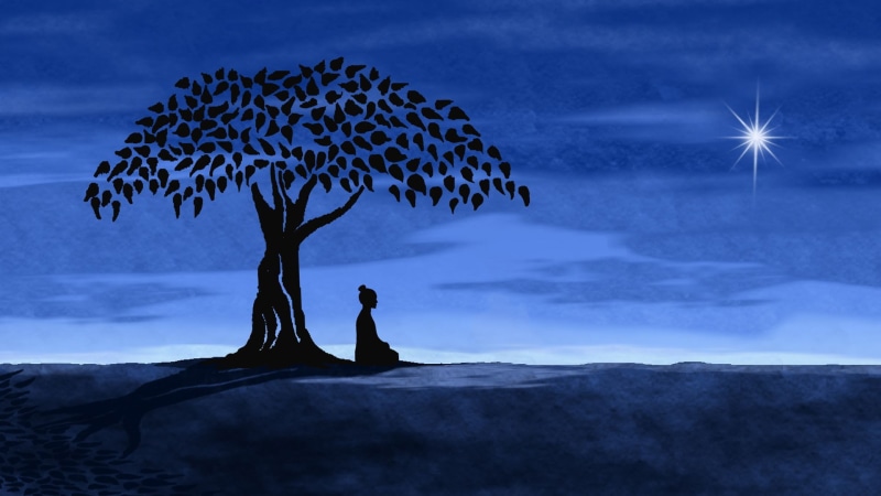 stars, trees, scenics - nature, painting, vector, blue, men, nature, digital composite, outdoors, cloud - Sky, Buddha, sea, land, environment, sunset, artwork