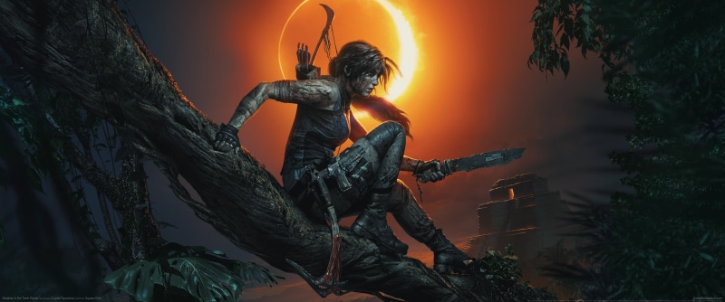 ultra-wide, tree, belief, male likeness, heat - temperature, orange color, plant, religion, holding, ultrawide, Shadow of the Tomb Raider, outdoors, Lara Croft