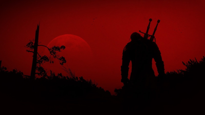 domestic animals, sunset, night, tree, back lit, silhouette, domestic, one person, photo, nature, copy space, The Witcher 3: Wild Hunt, adult, warrior