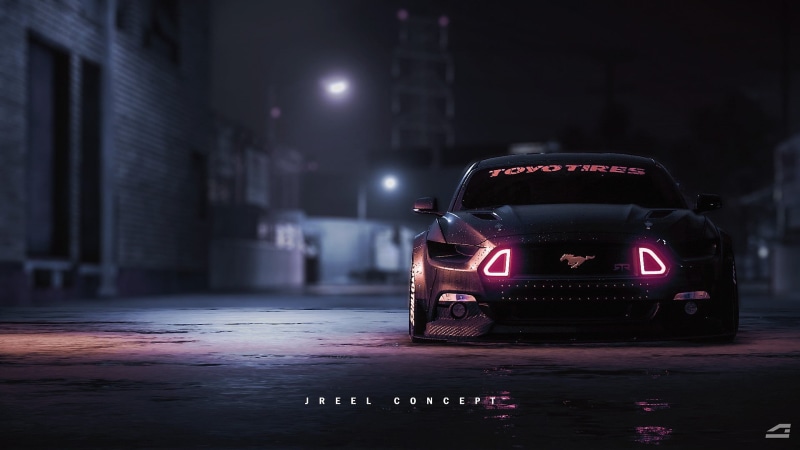 car, no people, mustang, Ford Mustang, rain, water, street light, vehicle, Ford, city street, dark, architecture, lighting equipment, 1080P, city, night