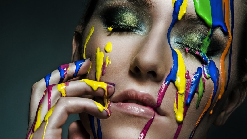 beautiful woman, yellow, human face, hand on face, closed eyes, paint ...