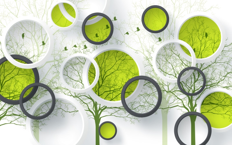 8K, painting, wall, 4K, Design, Birds, tree, 8K, Circles, Green, white