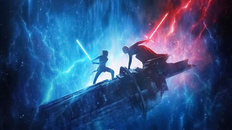 red, lightsaber, galaxy, fictional characters, Kylo Ren, movie poster, battle, Star Wars: Episode IX - The Rise of Skywalker, Rey, 4K, Star Wars: The Rise of Skywalker