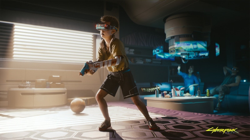 shorts, young adult, casual clothing, hairstyle, exercising, illuminated, Virtual Reality Headset, Cyberpunk 2077, real people, young women, front view