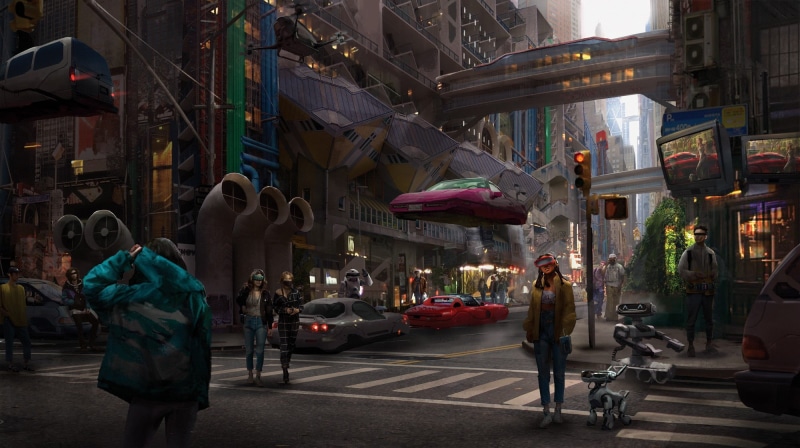 concept art, cyberpunk, car, street, city, people, futuristic city, TV, virtual reality, 1080P, digital, building, science fiction, robot, artwork, skyscraper