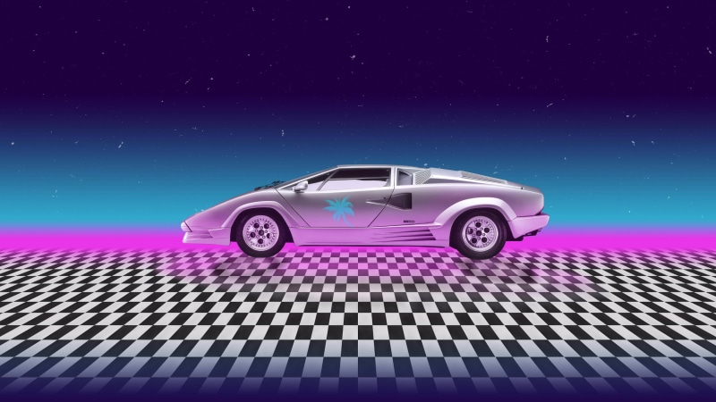 neon, night, retro styled, retrowave, shiny, vaporwave, design, 4K, miami, graphics, pink color, blue background, three dimensional, pattern, car, vehicle