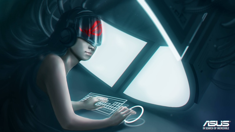  artwork, using computer, young women, hairstyle, sitting, side view, adult, fashion, connection, 4K, indoors, computer monitor, futuristic