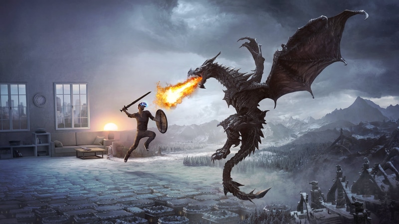 sword, clocks, mountains, digital art, 1080P, shield, fire, jumping, lamp, architecture, dragon, fantasy art, couch, battle, flying, Virtual Reality Headset
