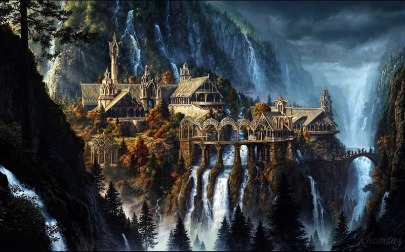 fantasy art, waterfall, The Lord of the Rings, 1080P, artwork, Rivendell
