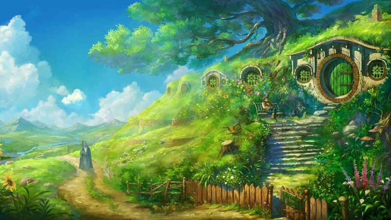 painting, shire, built structure, tranquil scene, nature, cloud - sky, landscape, architecture, day, Bag End, Gandalf, tree, Hobbits, sky, The Shire, tranquility