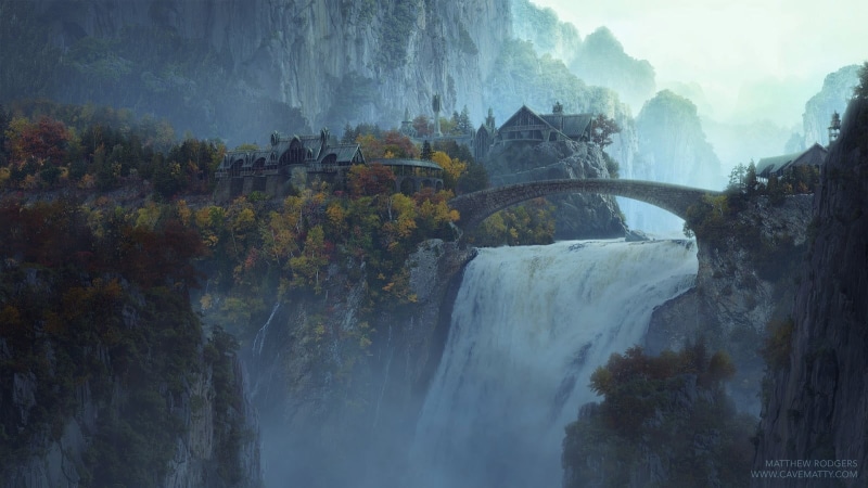 architecture, scenics - nature, waterfall, non-urban scene, bridge, no people, motion, power in nature, flowing water, painting, outdoors, day, rock formation