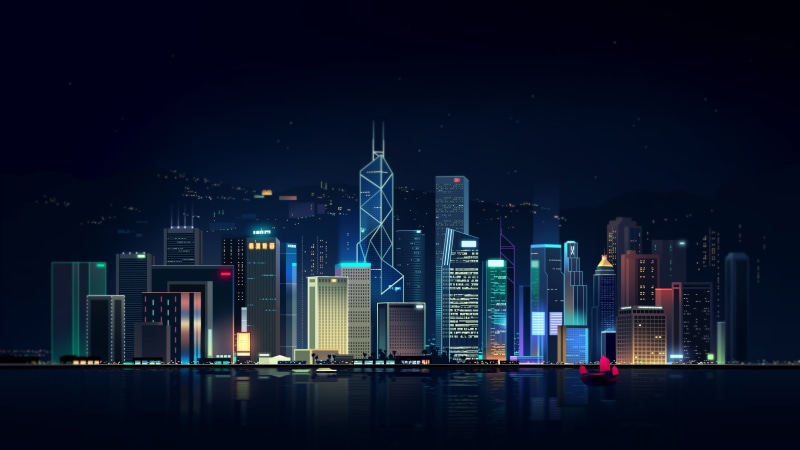 Romain Trystram, Lighting, Bank Of China Tower, Style, 4K, Sea, Reflection, Vector, Graphics, The city, Night, Building, China, Ship, Art, Neon, Hong Kong