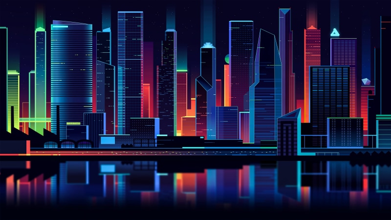 water, building, neon lights, city lights, Retro style, vector art, neon, tower, vector graphics, 4K, city, digital, lights, digital art, skyscraper, cityscape